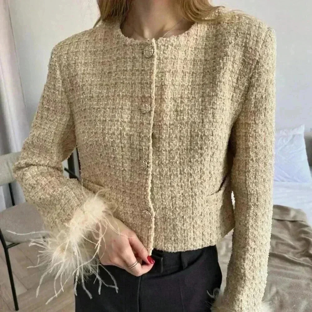Khaki Elegant Women's Round Neck Button Long Sleeve Tweed Faux Fur Trim Jacket